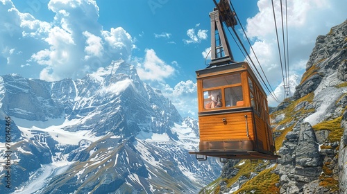 An antique cable car ascending a steep mountain slope, its wooden interior and brass fittings transporting passengers through the scenic alpine landscape as it climbs toward the summit.