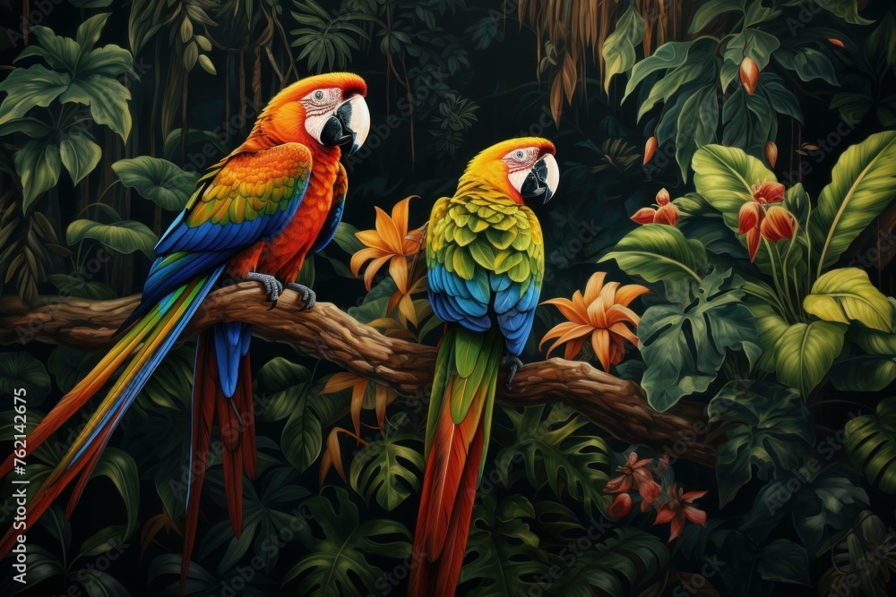 Vibrant Beautiful tropical parrots. Wildlife birds. Generate Ai
