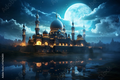 a large building with domes and a moon in the sky photo