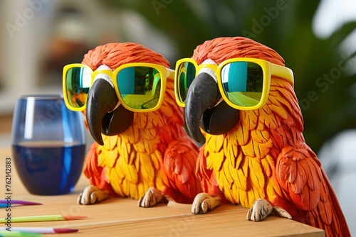 Unique Parrots party glasses. Carnival talk. Generate Ai photo