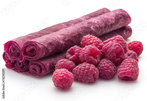 Raspberry pastille rolled up in a roll. Delicious healthy fruit dessert. Berries and fruit pastilla on white background. Generative AI photo