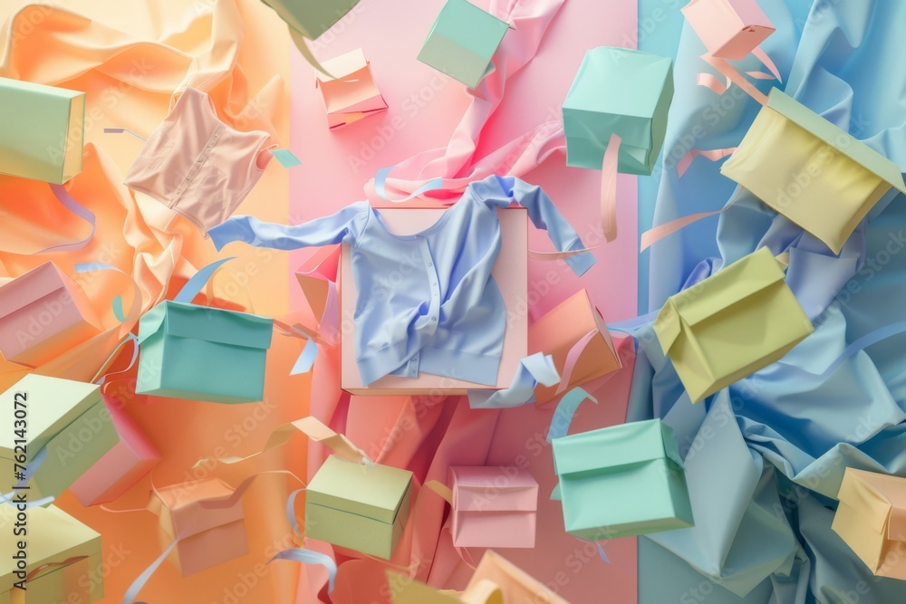 many new fashion clothes fly out of the soft color package box, soft color background
many new fashion clothes fly out of the soft color package box, soft color background