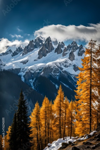 Captivating Autumn Splendor: Snow-Capped Peaks and Towering Trees against a Majestic Skyline