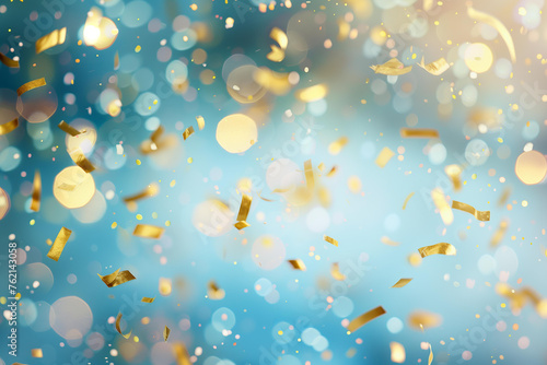 
festive golden and colotful blured confetti flying on a pastel blue background photo