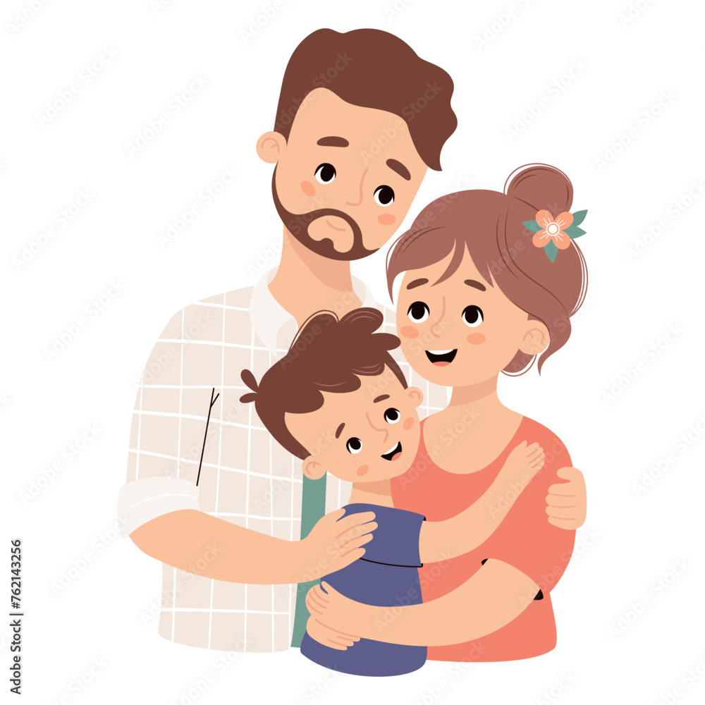 Happy family. Cute bearded man father tenderly hugs his wife and son. Vector illustration Happy family. Cute bearded man father tenderly hugs his wife and son. Vector illustration