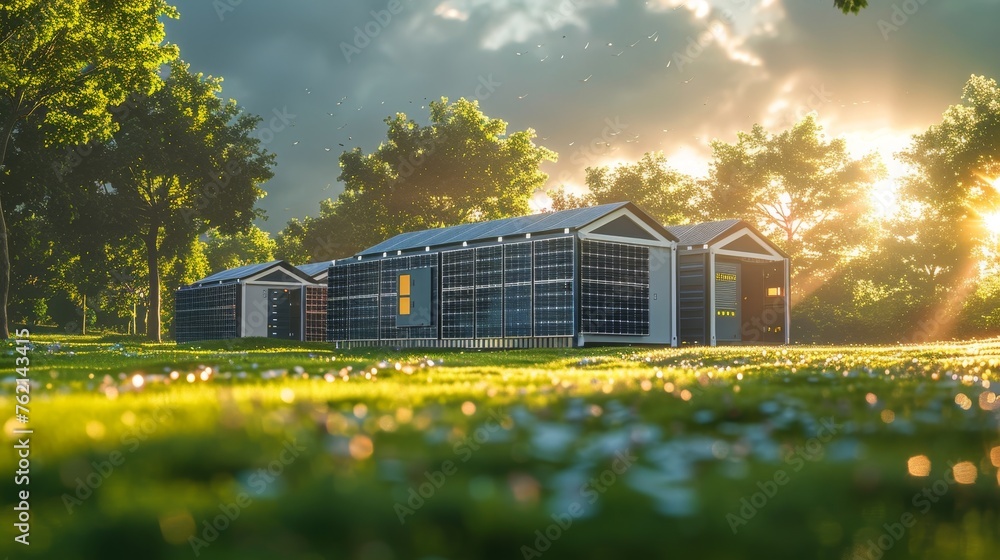 3D Rendering Solar container units. Concept of a white industrial battery energy storage container - obrazy, fototapety, plakaty 