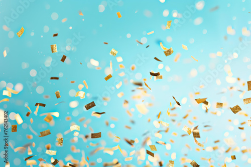  festive golden and colotful blured confetti flying on a pastel blue background