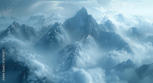 Mountains shrouded in clouds and mist with a light blue. Generative AI.