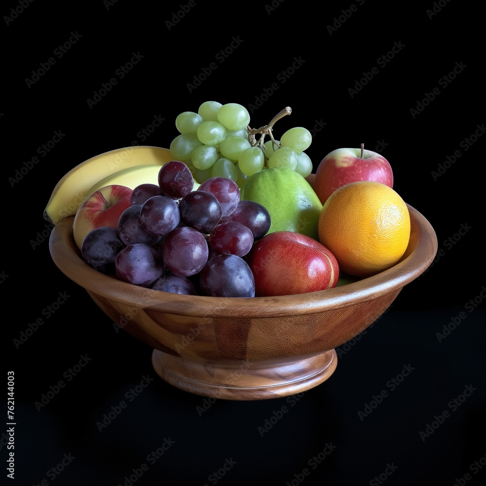 Mini wooden bowl of fruits, grapes, banana, apple., orange, bowl full of fruits Mini wooden bowl of fruits, grapes, banana, apple., orange, bowl full of fruits