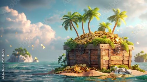 Treasure chest with gold coins on the island background photo
