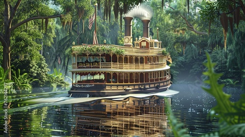 A retro steam-powered paddleboat cruising along a tranquil river, its ornate Victorian-era design and billowing smokestacks evoking the glamour of a bygone era against a backdrop of lush greenery.