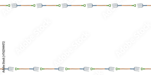 Vector frame of pitchfork. Garden tools, working equipment. Horizontal upper and lower edging, border, divider on topics of gardening, farming, agriculture