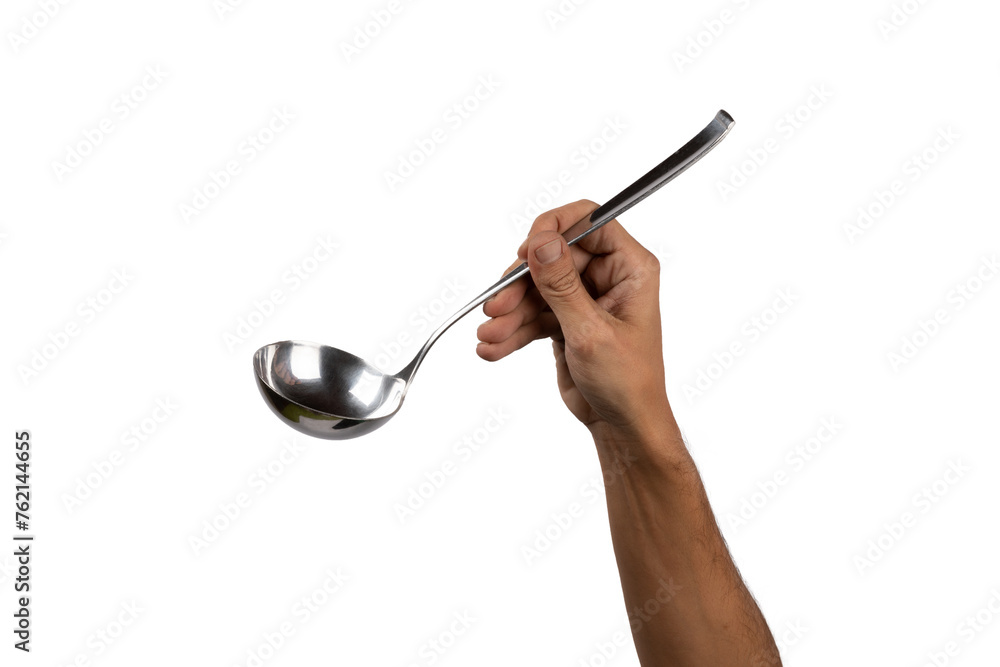 Black male hand holding a silver kitchen ladle isolated white background Black male hand holding a silver kitchen ladle isolated white background
