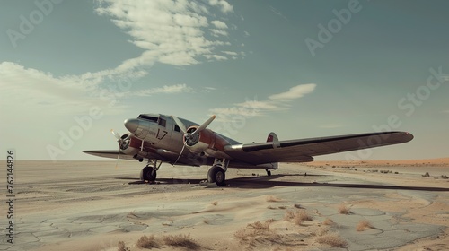 A vintage propeller airplane parked on a deserted airstrip in the desert, its weathered aluminum body and faded insignias telling the story of past adventures amidst the vast expanse of sand dunes.