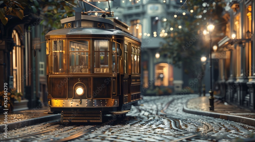 A vintage trolley car rumbling along historic cobblestone streets, its wooden interior and brass fittings transporting passengers back in time as it navigates the bustling cityscape.