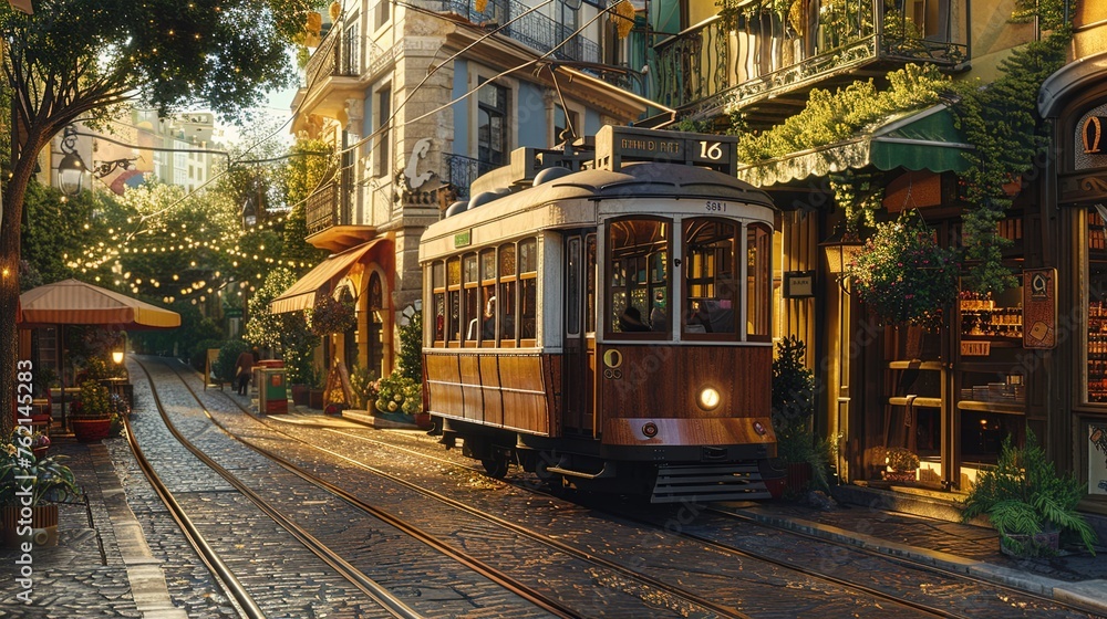 A vintage tramcar rattling along cobbled streets lined with colorful townhouses, its wooden interior and brass fittings exuding old-world charm against a backdrop of bustling market stalls.