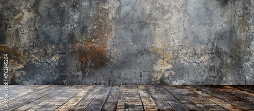 Cement room with wooden floor backdrop.