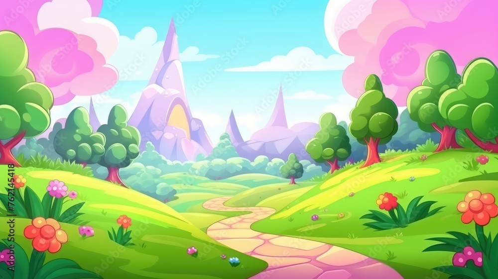 Fototapeta premium cartoon landscape with colorful trees and a winding path