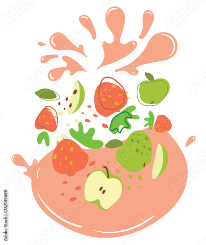 Ripe strawberry and apple with splashes of juice. Vector illustration of organic fruit juice. Eco label concept for natural strawberry and apple flavor. Design of vape, juice, smoothie.