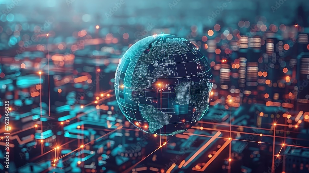 Fototapeta premium Science and Technology: World Economy, Digital, Green, Digital Assets, Infrastructure, Decentralized Manufacturing, FTA, Digital Economy