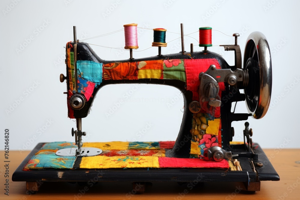 Efficient Woman work sewing machine. Fashion industry. Generate Ai