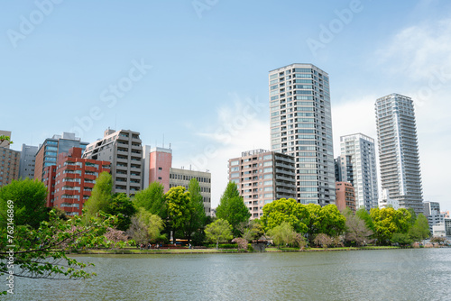 Ueno Park Shinobazu Pond and skyscraper at spring in Tokyo  Japan