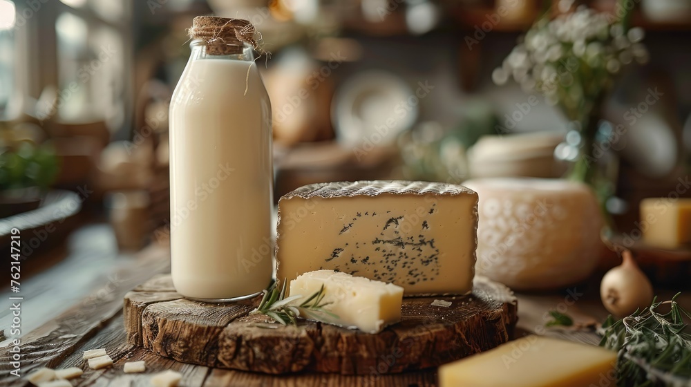 A beautiful bottle of milk and artisanal cheese. Generative AI.