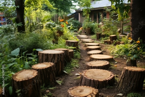Picturesque Path round logs backyard. Garden travel. Generate Ai