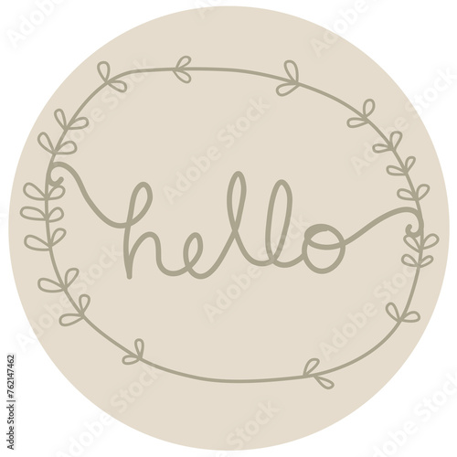 Hello hand lettering black text on minimal color circle background. Modern calligraphy style