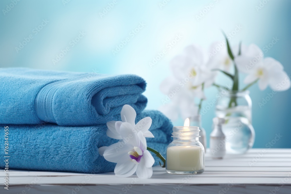 Spa concept - stacked soft blue towels with orchid flowers Spa concept - stacked soft blue towels with orchid flowers