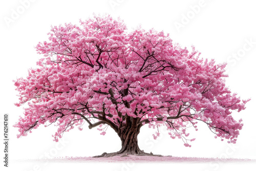 A large pink tree with Cherry Blossoms Sakura, pink blossoms. The tree is the main focus of the image. The image evokes feelings of peace and serenity