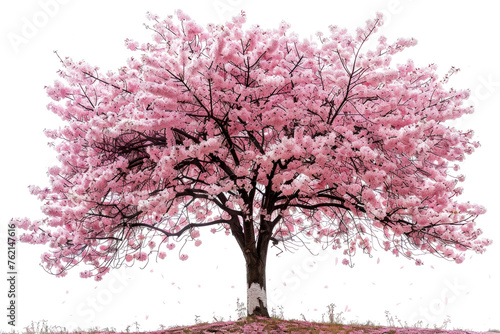 A large pink tree with Cherry Blossoms Sakura, pink blossoms. The tree is the main focus of the image. The image evokes feelings of peace and serenity