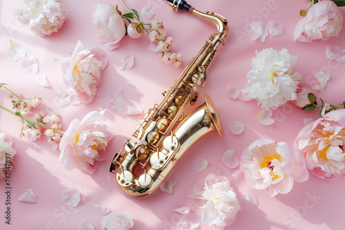 
trendy jazz themed background with golden saxophone and peonies on a pastel pink background photo