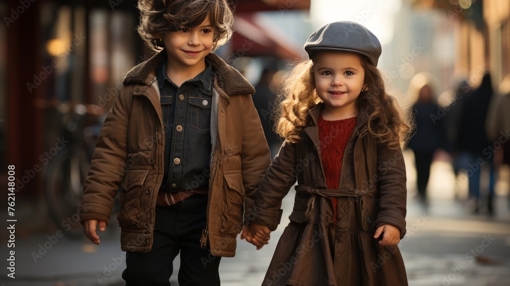 Two Children Walking Down Street Holding Hands