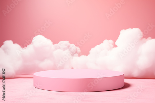 Pink podium on a marble surface against a background of pink clouds. © Olexandra