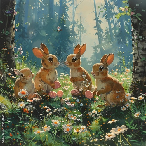 Playful animation cel of rabbits hiding Easter eggs in blooming spring forest. photo