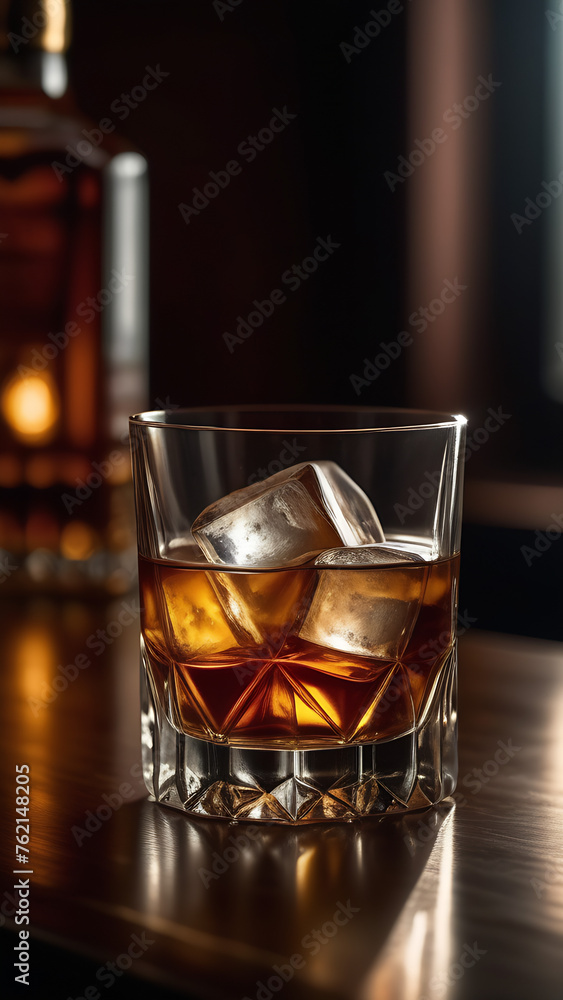glass of whiskey with ice on bar table. glass of whiskey with ice on bar table.