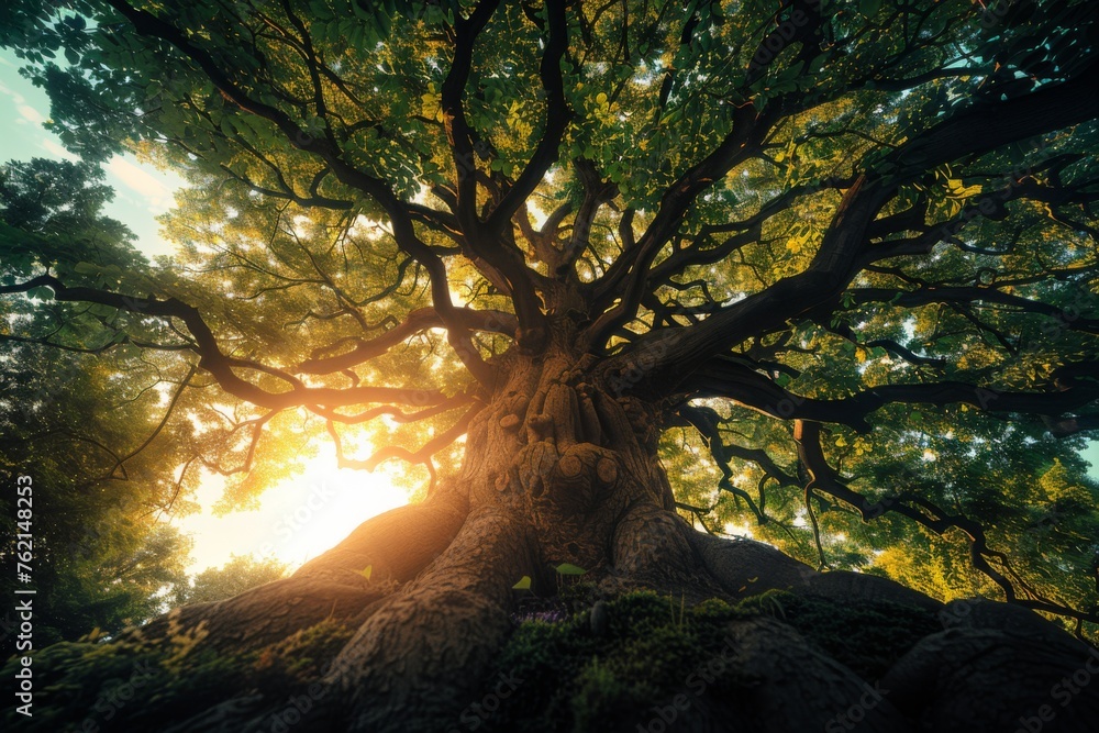 Fototapeta premium Majestic Oak Tree Canopy Bathed in Sunlight 