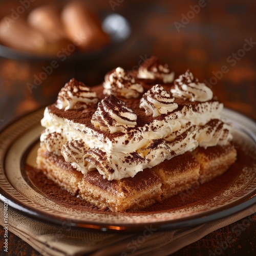 A sumptuous slice of classic Italian tiramisu, dusted with cocoa powder, elegantly presented on a decorative vintage plate, with a blurred backdrop hinting at a warm coffee aroma.
