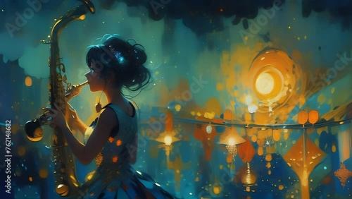 person girl woman with trompet saxophone making music painting of a woman playing a saxophone with sparkles in the background photo