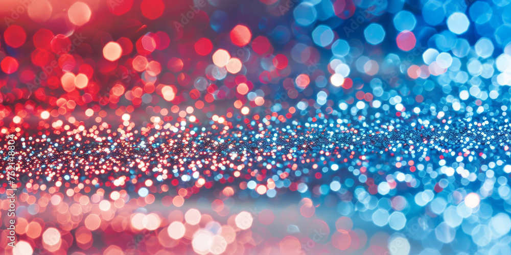 Red and blue glitter on bokeh  background, shiny and sparkling texture, banner - obrazy, fototapety, plakaty 
