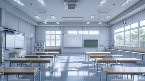 A modern and clean Japanese high school classroom interior. Generative AI.