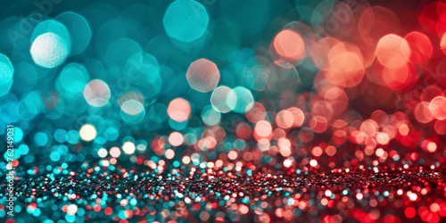 Red and blue glitter on bokeh  background, shiny and sparkling texture, banner photo