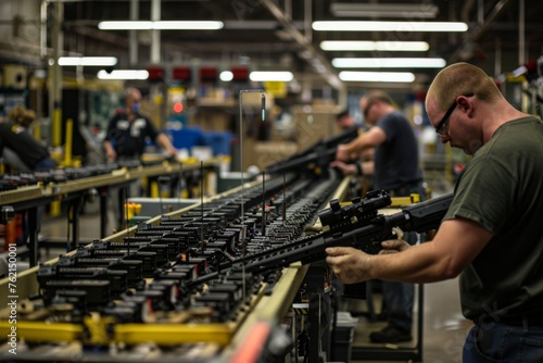 workers assembling firearms on the production line inside the factory 