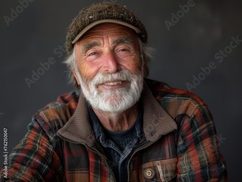 Elderly man smiling at camera. A close-up portrait of an elderly, man with a warm smile, wearing fashionable clothes.