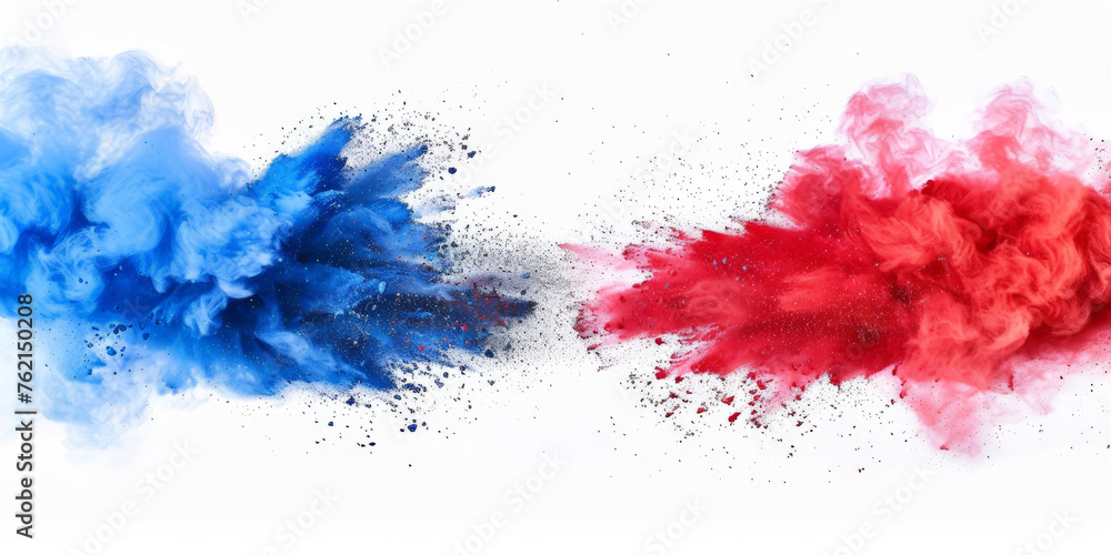 Red and blue powder explosion on white background, freeze motion of red blue powder splash, festive Red and blue powder explosion on white background, freeze motion of red blue powder splash, festive