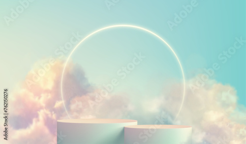 Transparent fluffy clouds form a realistic product podium stage, set against a soft pastel color background