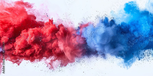 Red and blue powder explosion on white background, freeze motion of red blue powder splash, festive
