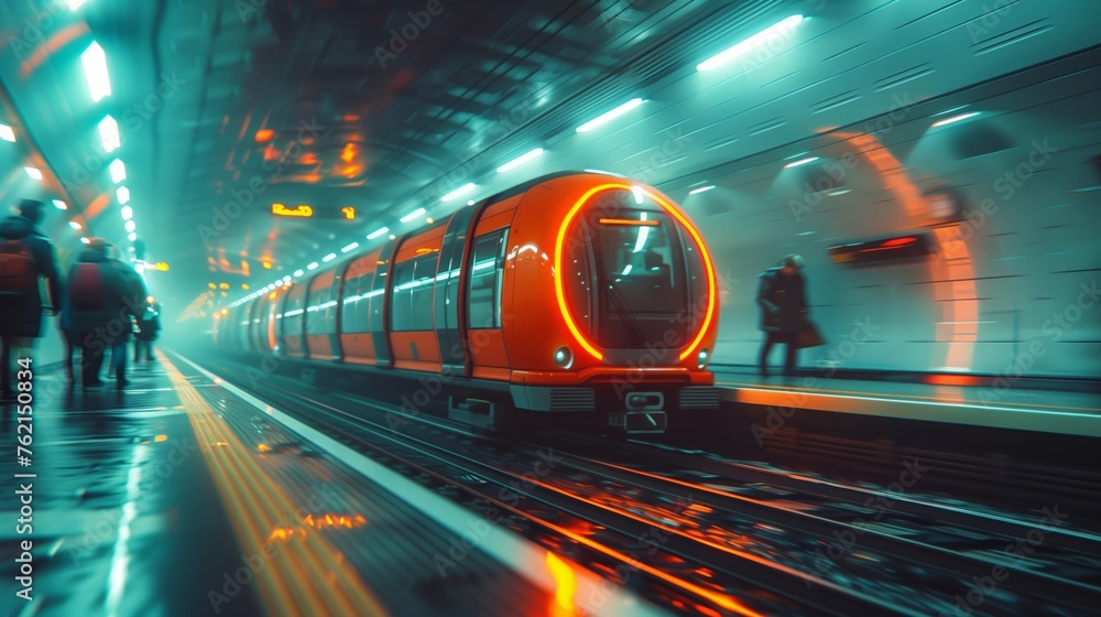 Fototapeta premium Subway Train Travelling Through Subway Station
