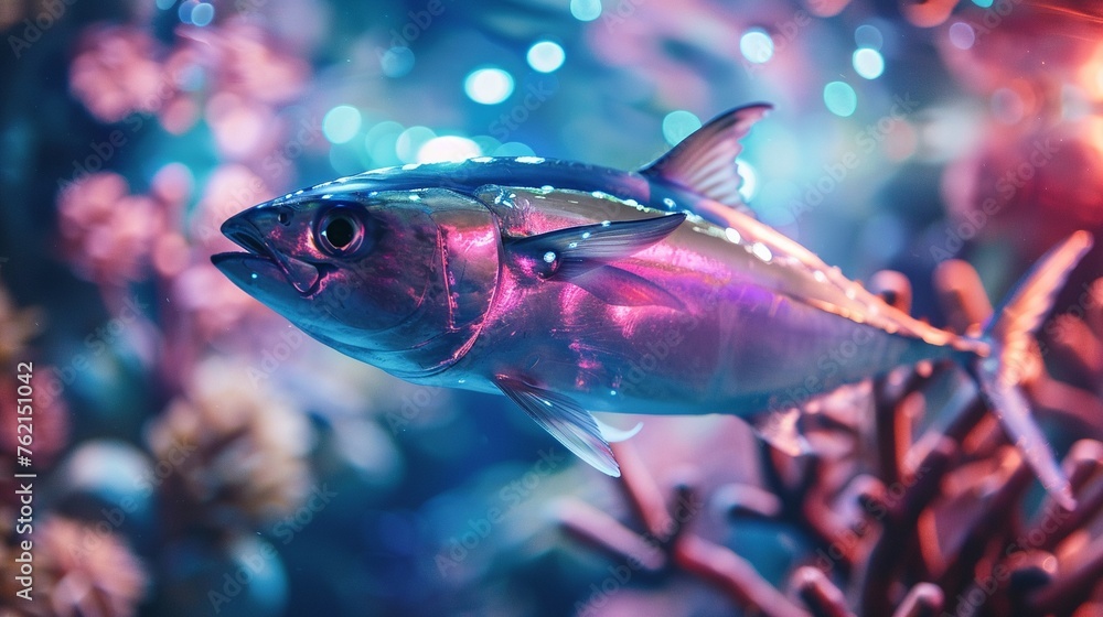 Fototapeta premium Nano-engineered tuna with holographic fins, gliding through a cyberpunk aquarium, spectators in awe